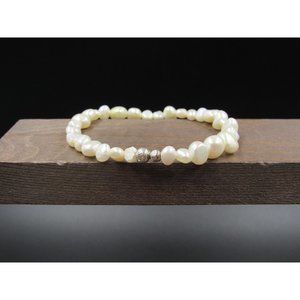 7" Sterling Silver Expandable White Pearl Simple Bracelet Vintage Elegant